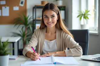 Jeune femme en bureau organise un calendrier editorial