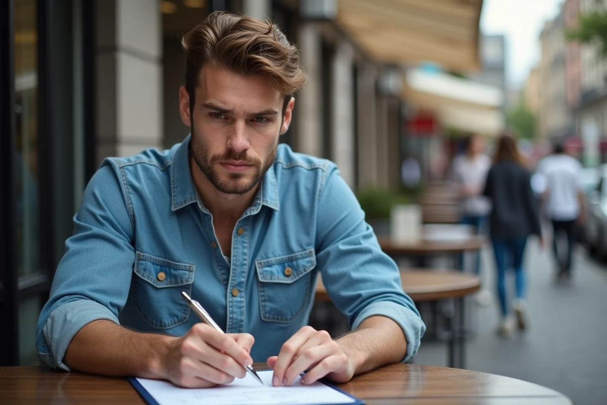 Jeune homme au café lisant ses notes