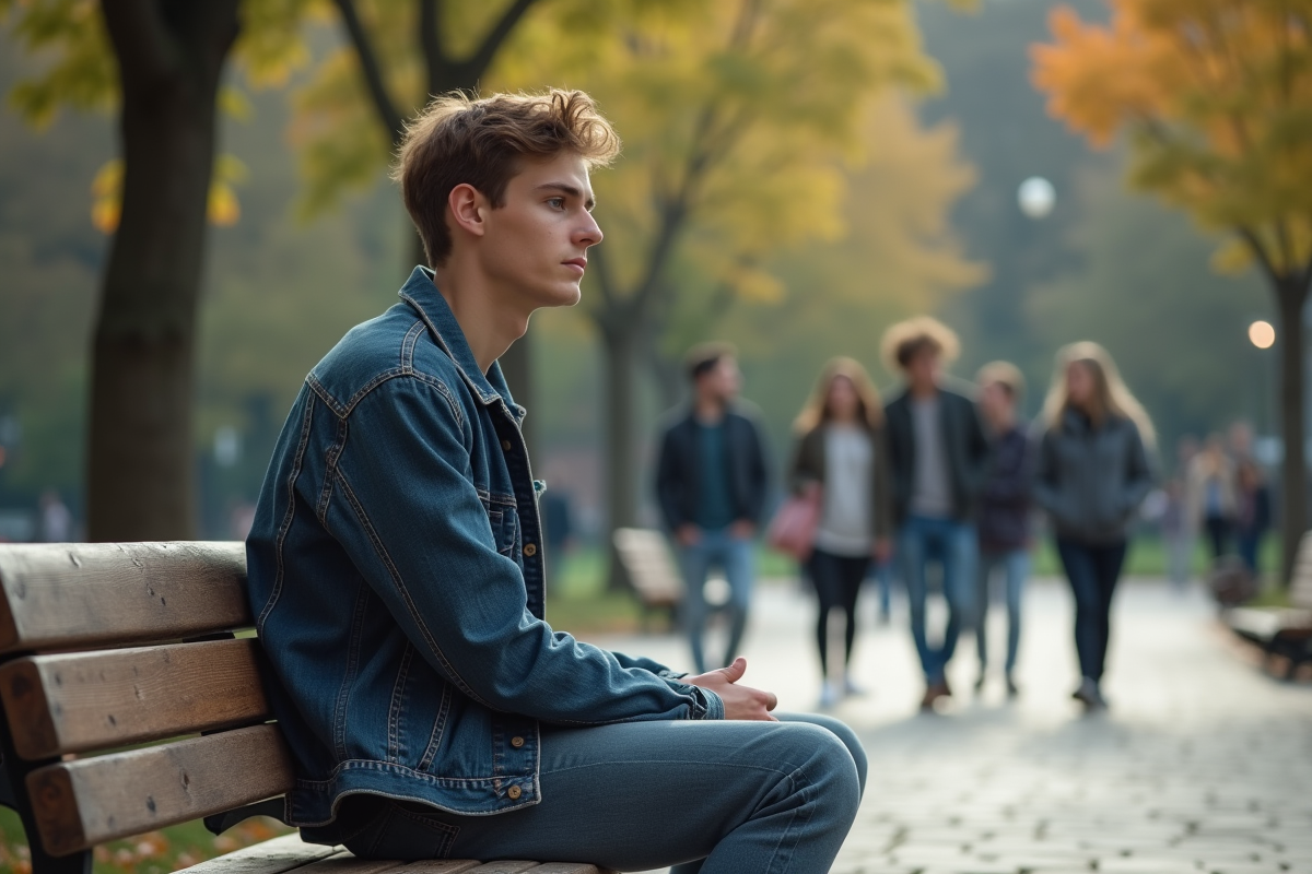 Jeune homme seul sur un banc dans un parc urbain