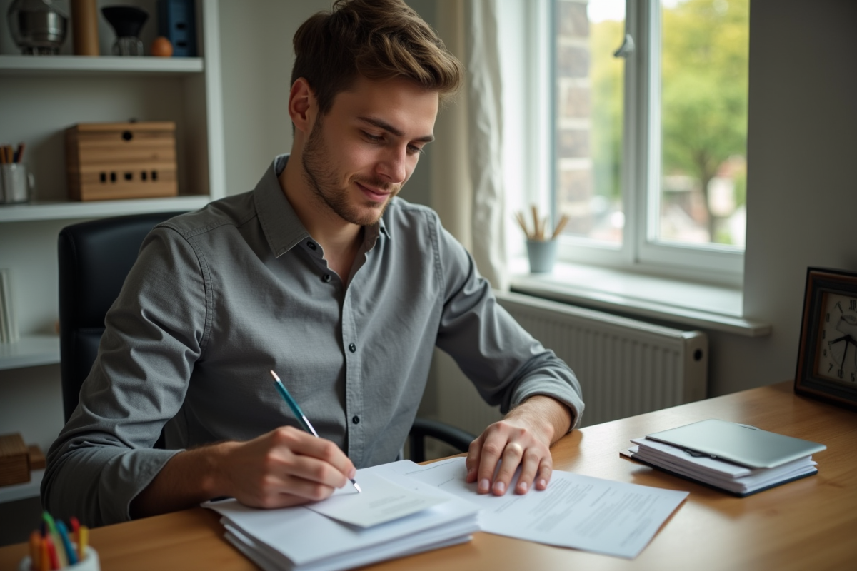 Jeune homme scellant des lettres dans un bureau lumineux