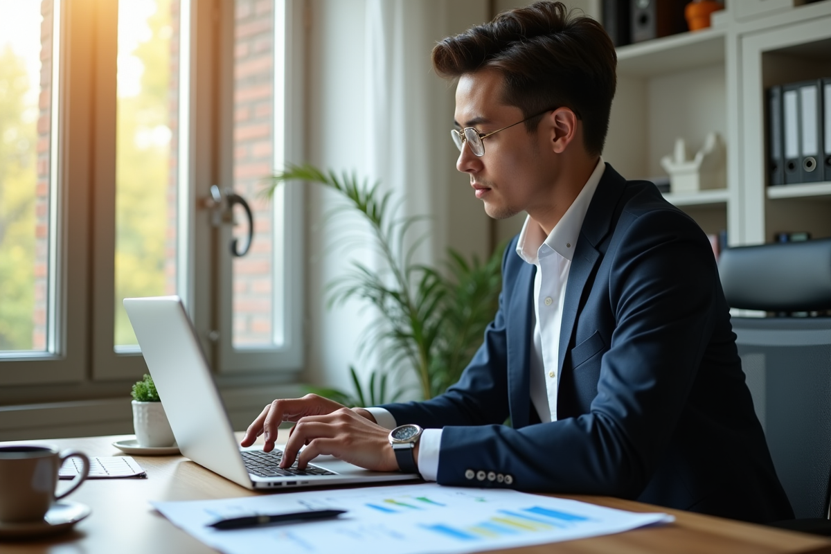 Jeune professionnel analysant des graphiques financiers dans un bureau lumineux