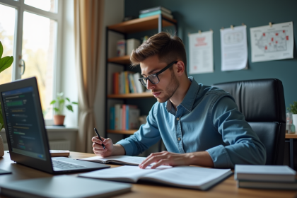 Jeune professionnel étudiant dans un bureau moderne avec livres et diagrammes réseau