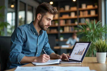 Jeune homme d'affaires esquissant une strat&eacute;gie dans un espace coworking