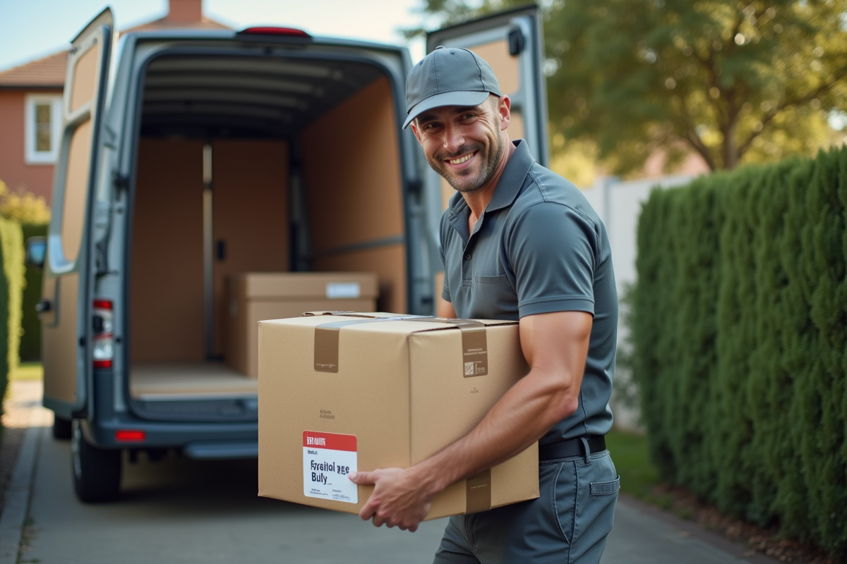 Livreur déchargeant un colis fragile devant une maison