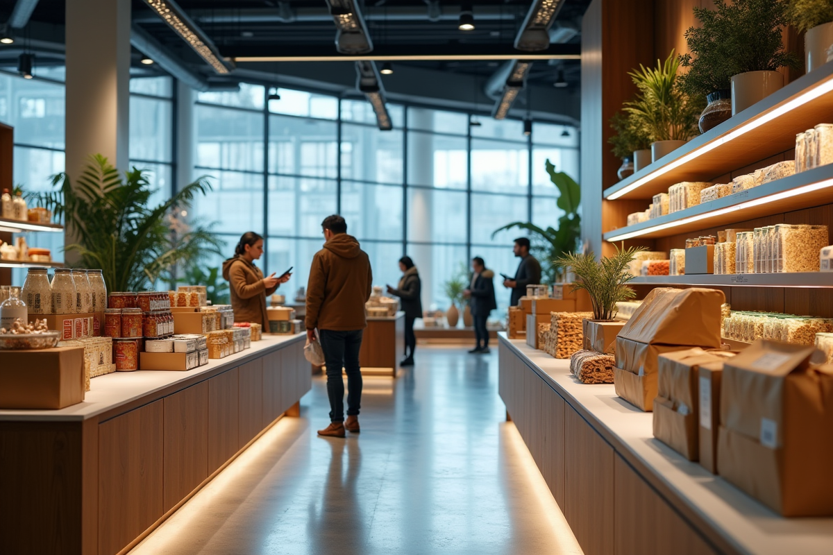 Intérieur d'un magasin moderne avec tags numériques et clients utilisant smartphones