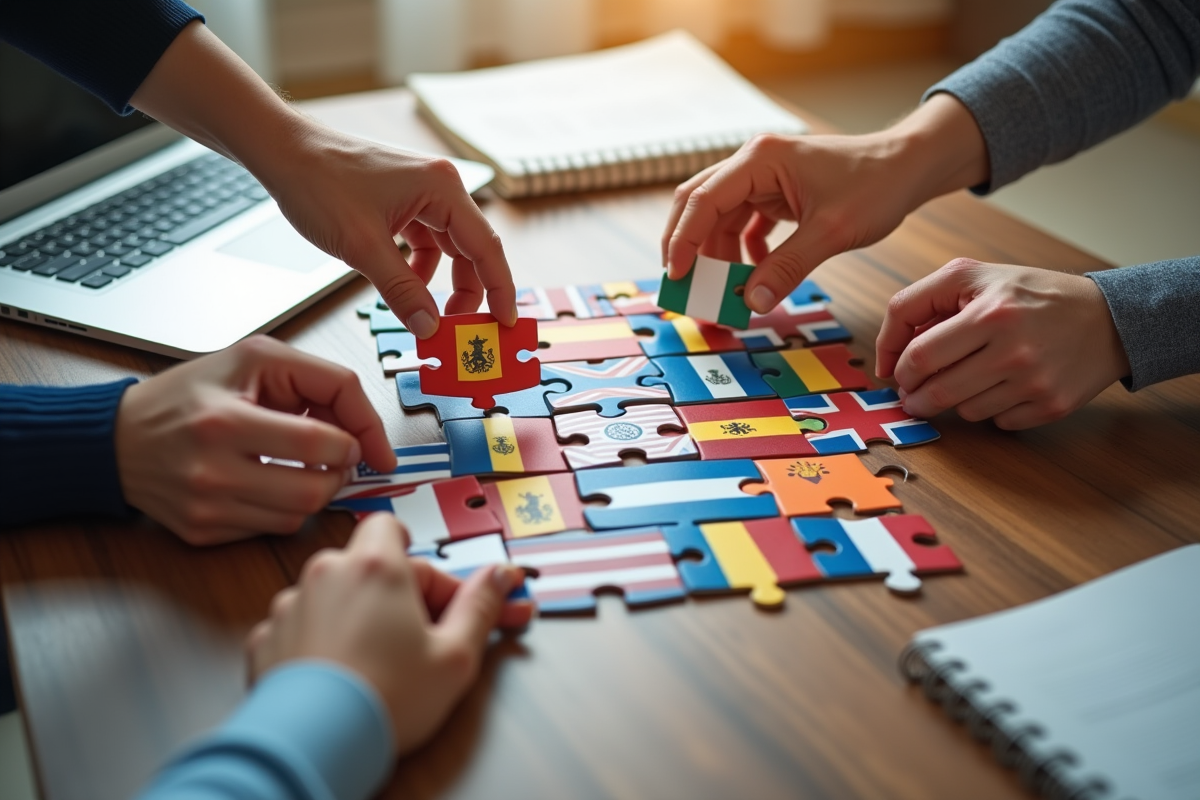 Mains de différentes personnes assemblant un puzzle avec drapeaux