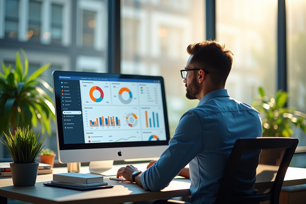 Manager marketing analysant tableaux KPI colorés en bureau lumineux