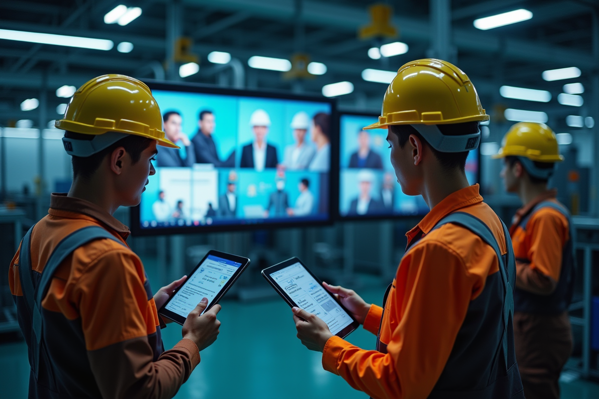 Travailleurs en usine utilisant des tablettes pour collaborer