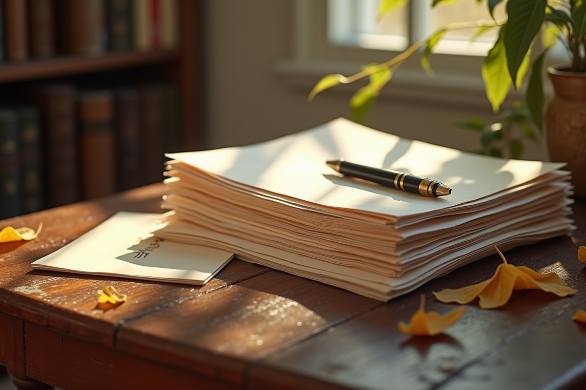 Papier, enveloppes et feuilles sur table en lumière naturelle