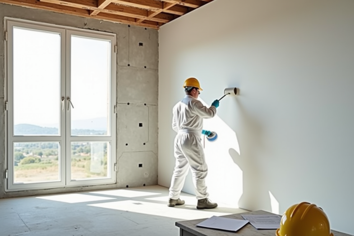 Peintre professionnel appliquant de la peinture blanche sur un mur intérieur