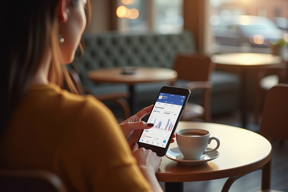 Personne utilisant un smartphone pour analyser une campagne Facebook