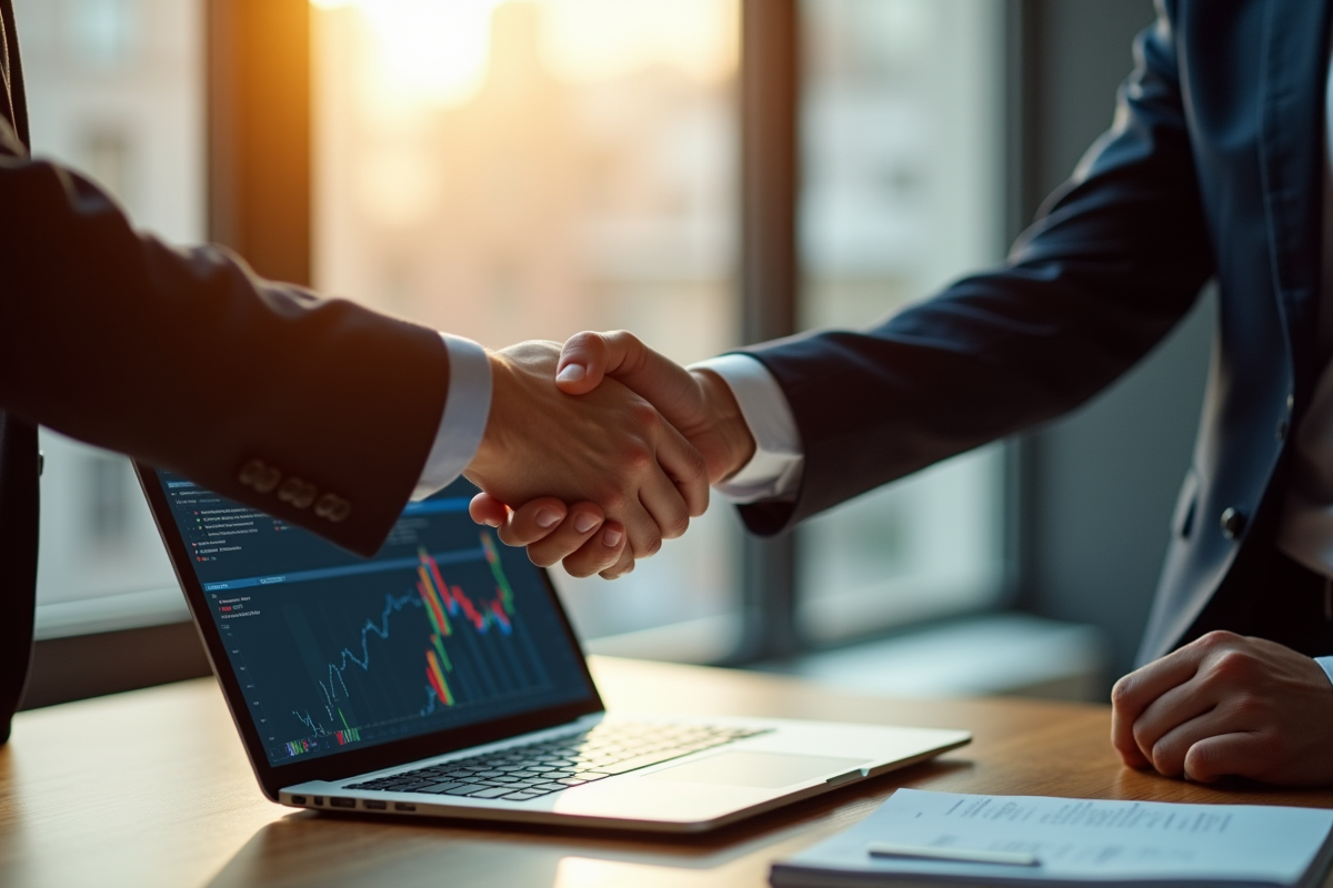 Poignée de main entre deux cadres avec données blockchain
