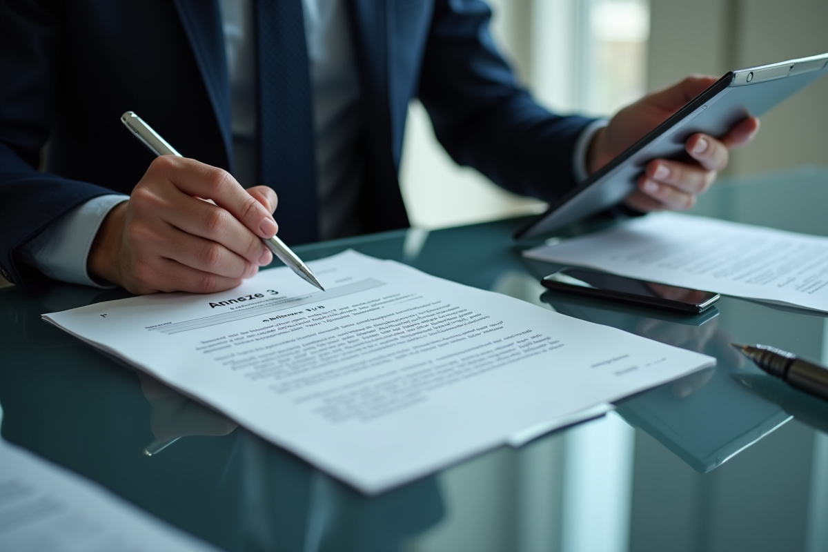 Professionnel analysant un rapport avec Annexe 3 dans un espace de travail moderne