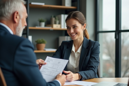 Jeune femme professionnelle remet une facture à un client âgé