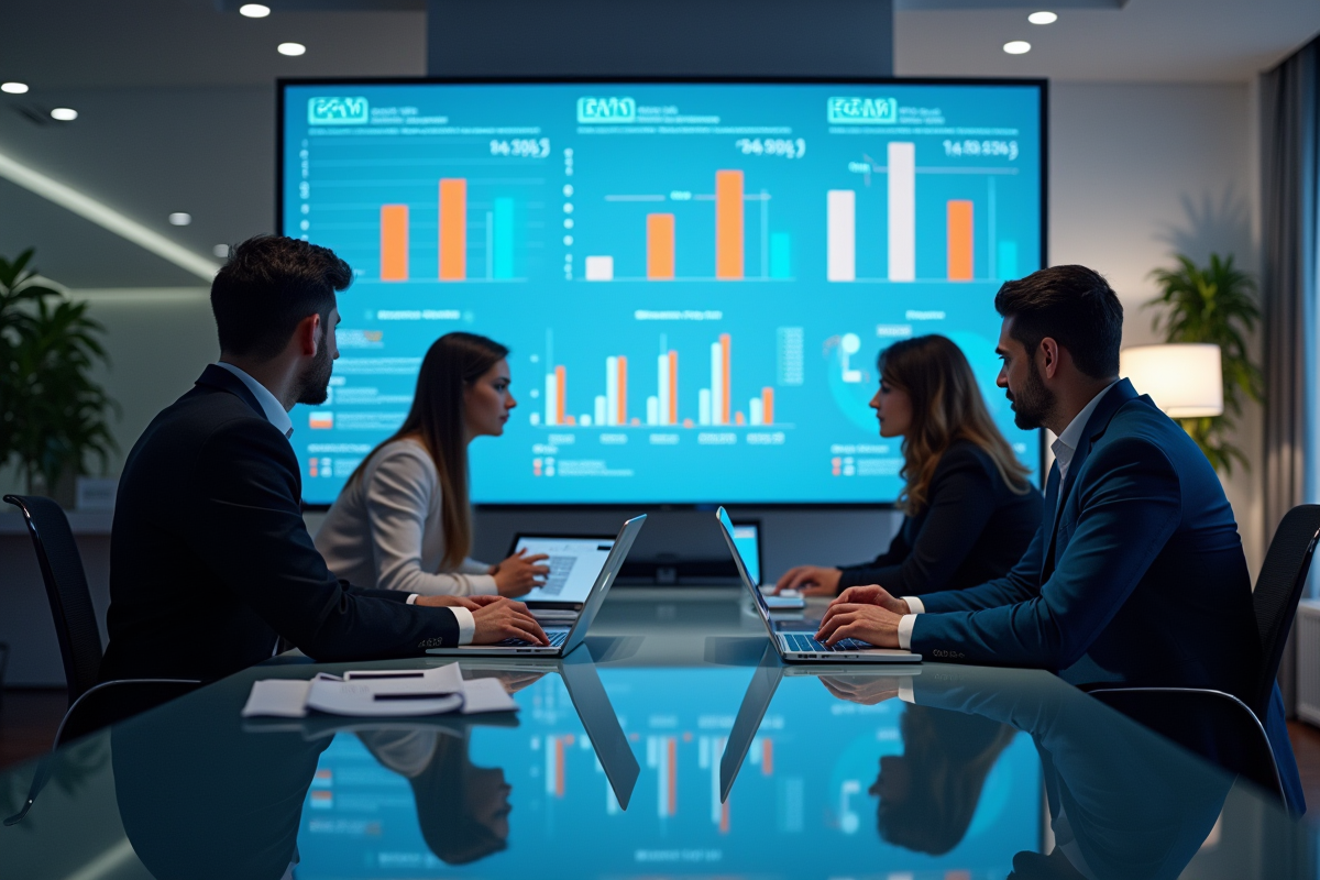 Groupe de professionnels analysant des données CRM et ERP dans un bureau lumineux