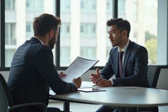 Deux professionnels en réunion dans un bureau lumineux