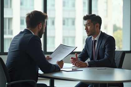 Deux professionnels en réunion dans un bureau lumineux