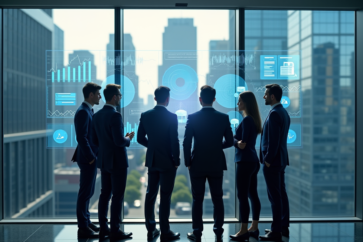 Groupe de professionnels financiers dans un bâtiment moderne