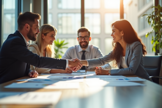 Trois professionnels d'affaires discutent stratégie de fusion
