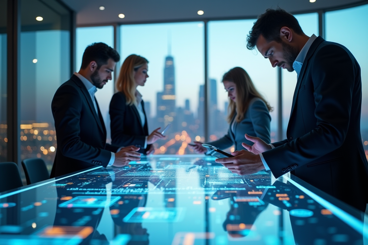 Quatre professionnels autour d'une table digitale lumineuse en entreprise