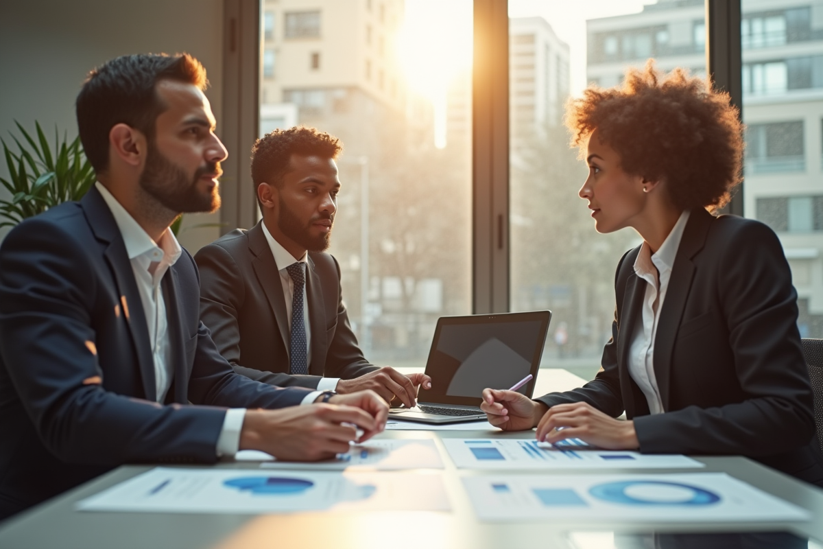 Trois professionnels en réunion dans un bureau moderne pour l'innovation