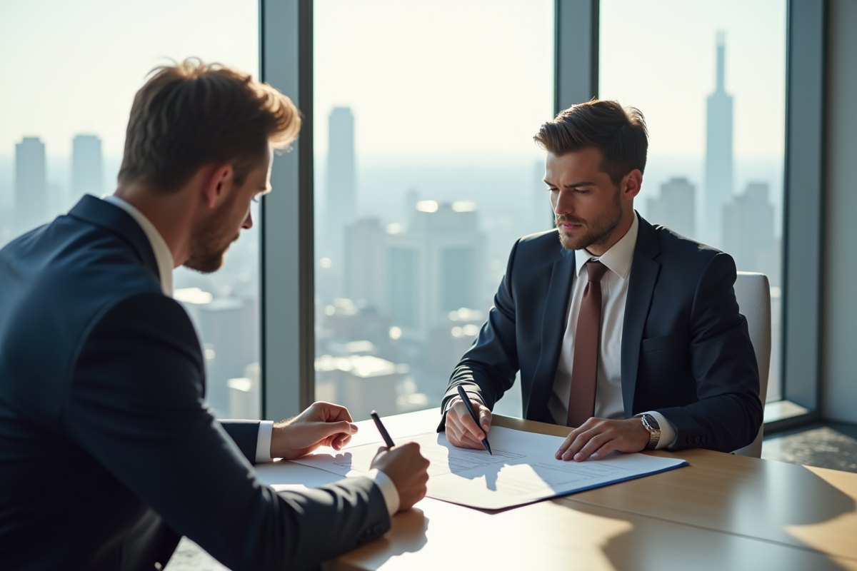 Deux professionnels signant un contrat dans une salle moderne