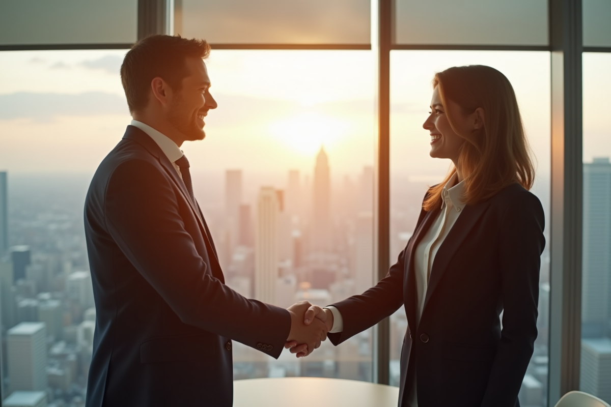 Jeune professionnel serrant la main d'un partenaire dans un bureau moderne
