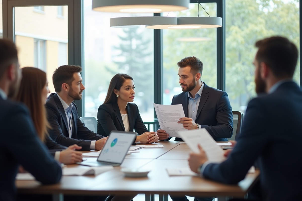 Réunion de professionnels discutant d une circulaire dans une salle lumineuse