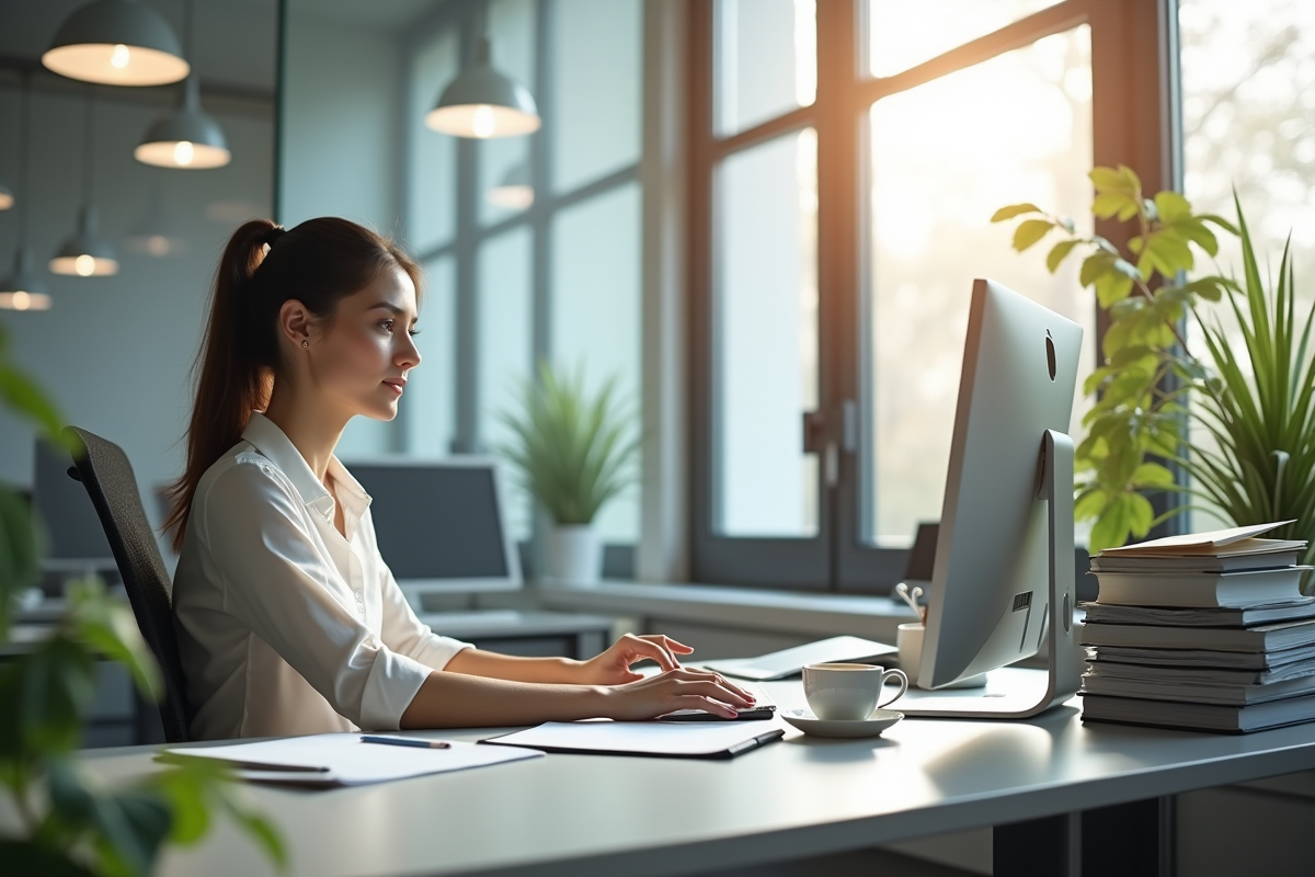 Secretaire assise à un bureau moderne dans un bureau lumineux