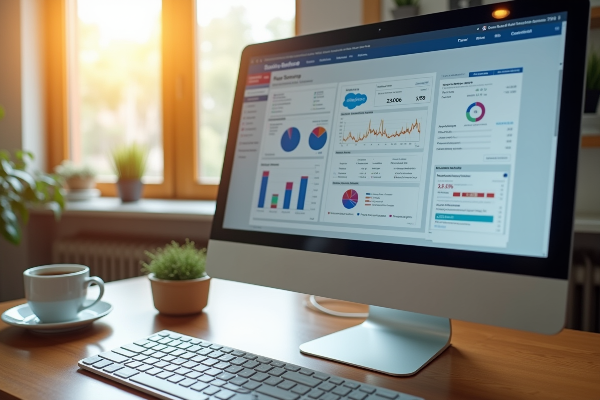 Ecran dordinateur avec tableau de bord Salesforce et interface ERP sur un bureau ensoleille